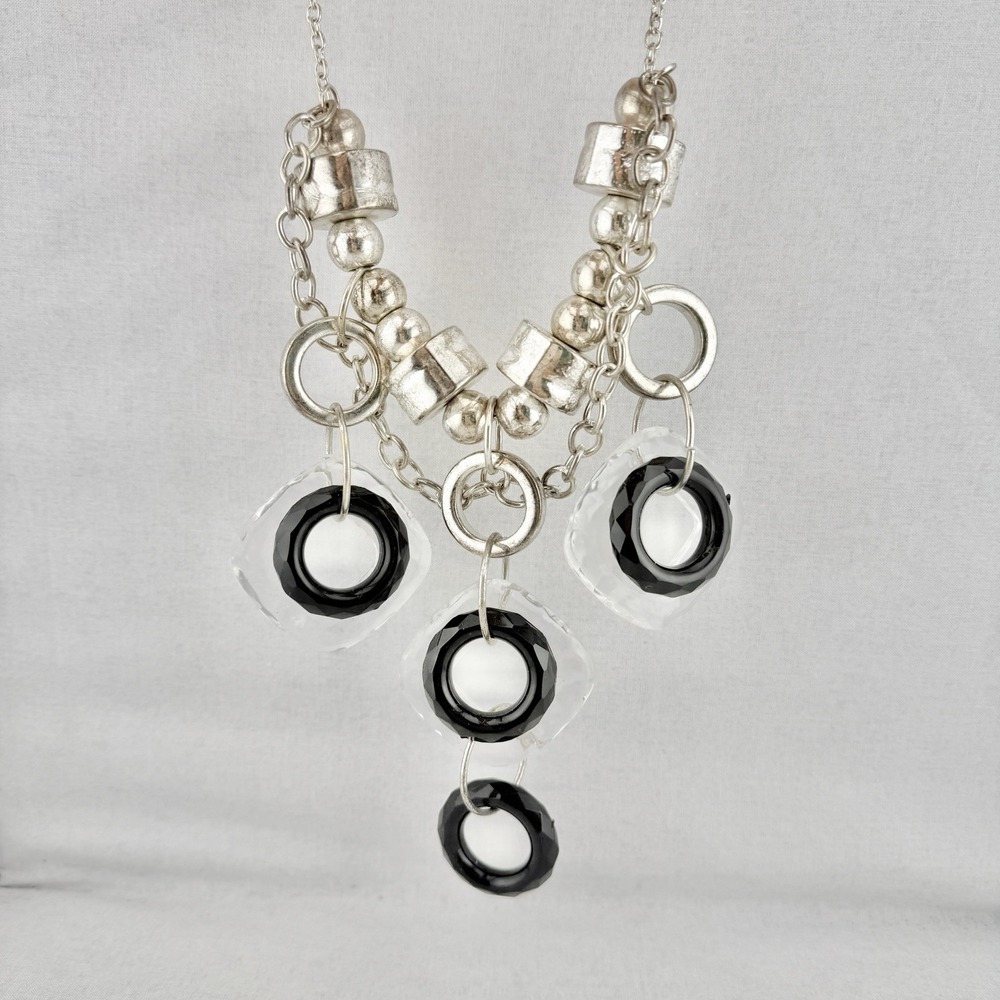 Vintage Black Clear Acrylic Chunky Statement Necklace Industrial Eclectic Opera